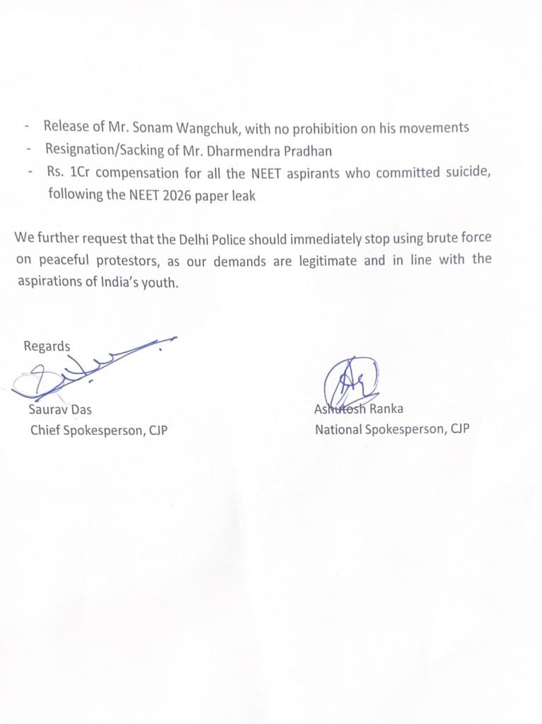 CJP demands letter page 2 listing Wangchuk release, Pradhan resignation, and NEET compensation